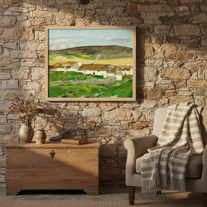 Natural oak framed Irish landscape print in a rustic cottage interior, stone wall, woven textiles, warm golden-hour light, heritage-inspired décor.