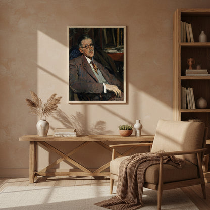 James Joyce portrait framed in natural oak or ash wood, displayed in a warm, cozy interior with earth-tone decor, soft natural side lighting, wooden textures, relaxed yet premium aesthetic, gallery-quality presentation.
