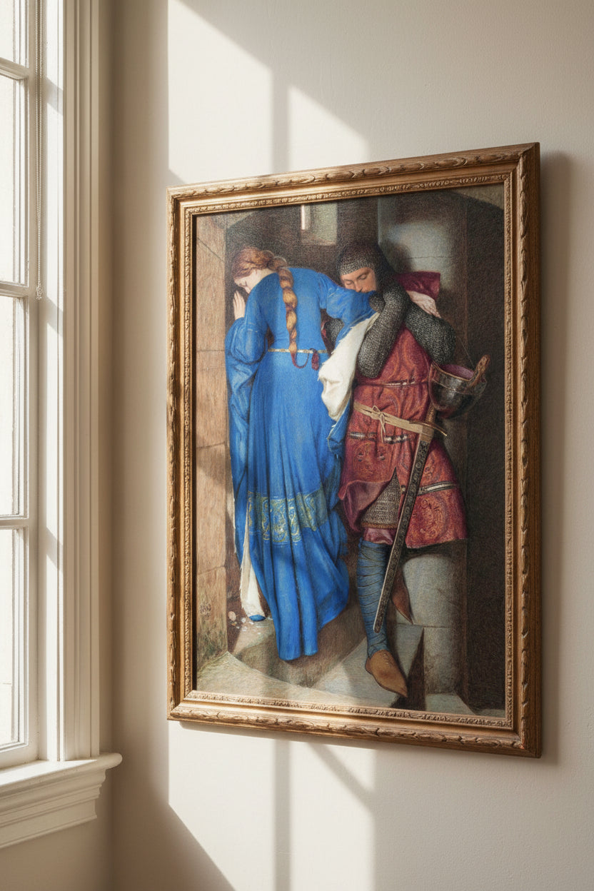 Large-format 60x90 cm of ‘The Meeting on the Turret Stairs’ by Frederic William Burton, custom framed artwork softly lit by large window from the side, gentle highlights, natural premium feel.