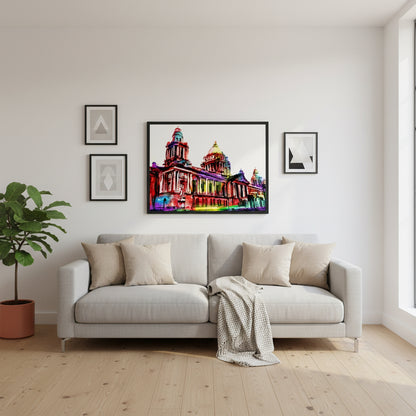 Large 45x60 cm Belfast City Hall framed print in black frame, rainbow colours, landscape artwork by Irish artist Ó Maoláin.