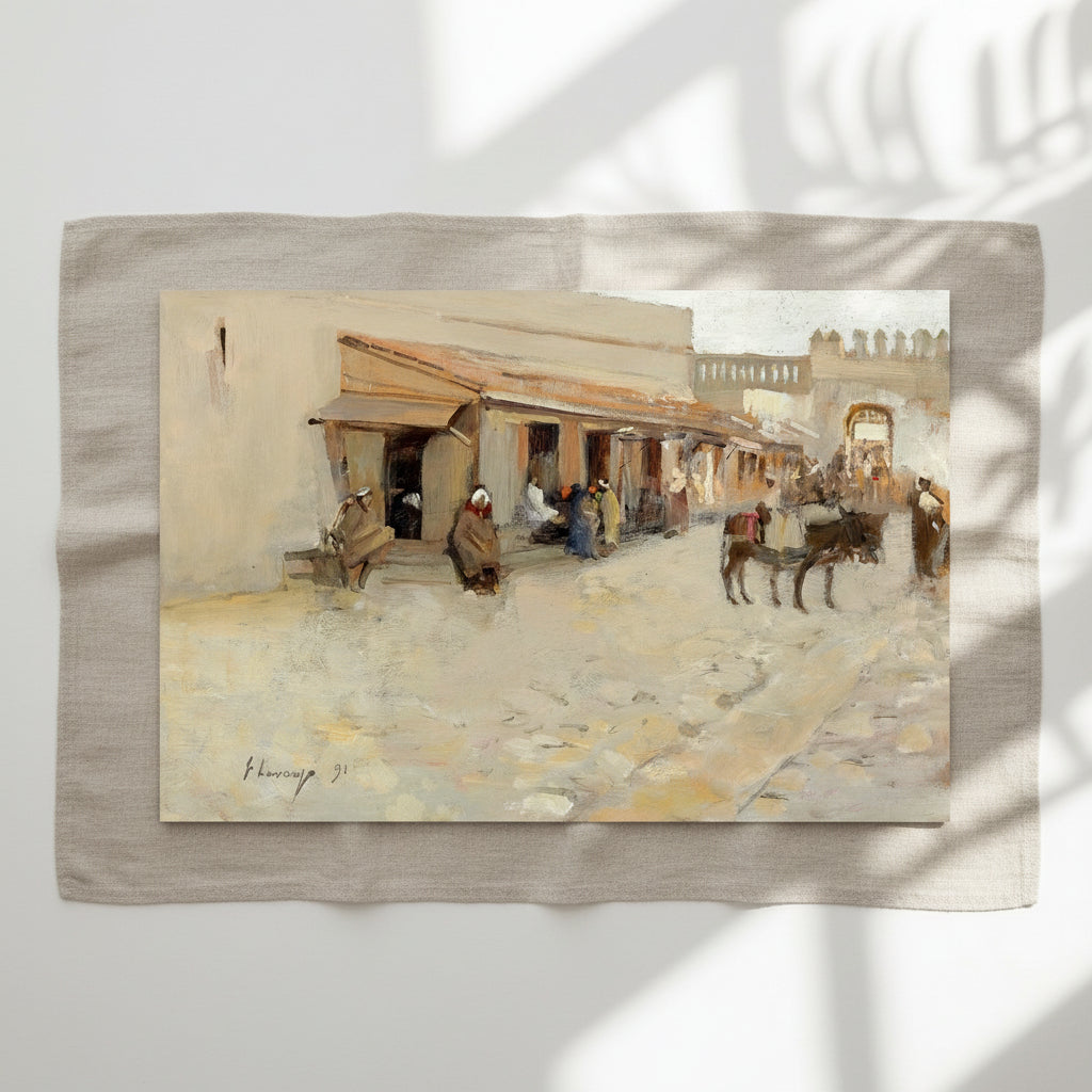 Large 60×90 cm unframed archival print of El Asha (1891) by Sir John Lavery – Tangier Kasbah scene. unframed archival print resting on light linen fabric. Soft natural daylight, gentle shadows, artisanal fine-art photography style.