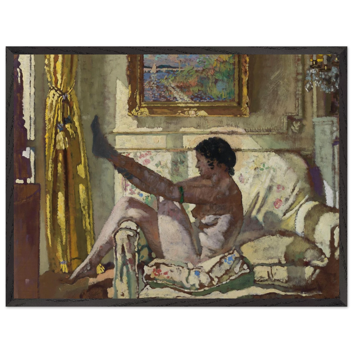 Large framed print of William Orpen’s Sunlight, intimate studio interior with nude figure, black wooden frame, 60x80 cm.