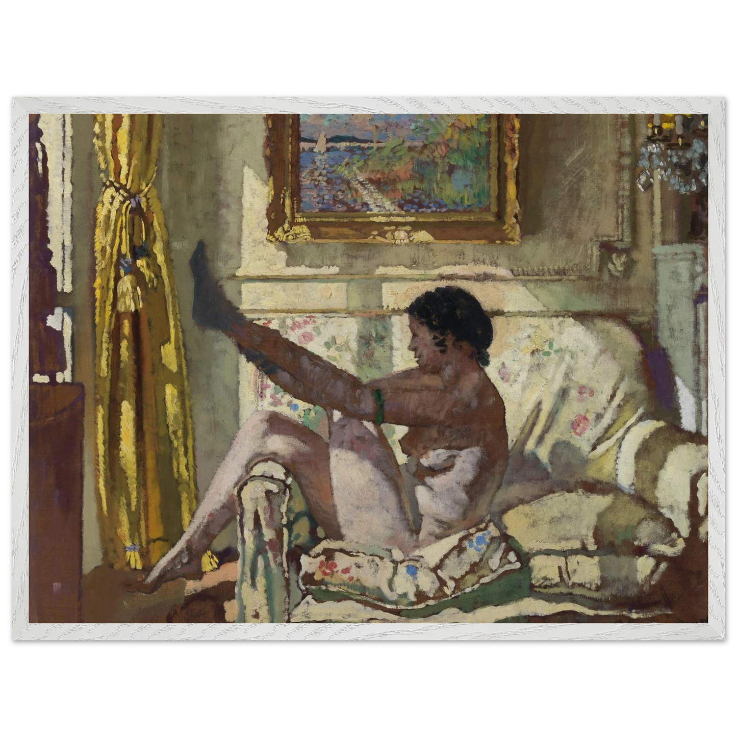 Large framed wall art of William Orpen’s Sunlight, bright interior with nude woman and yellow curtain, white frame, 60x80 cm.