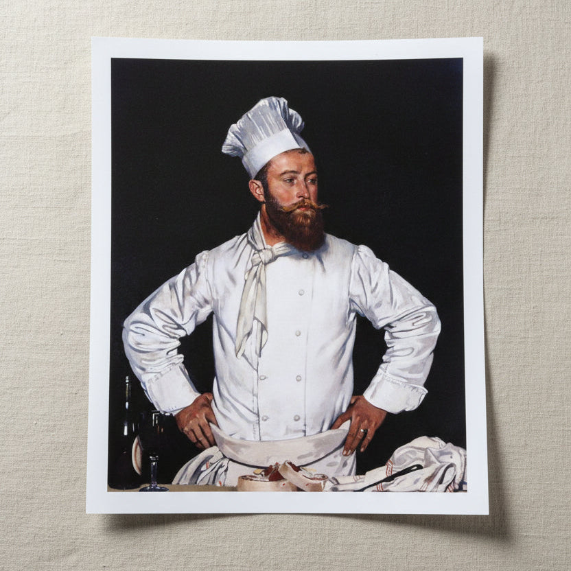Le Chef de l’Hôtel Chatham (1921) by William Orpen Collector’s Edition art print 40 × 50 cm / 16 × 20 in 40×50 cm unframed archival print resting on light linen fabric. Soft natural daylight, gentle shadows, artisanal fine-art photography style.
