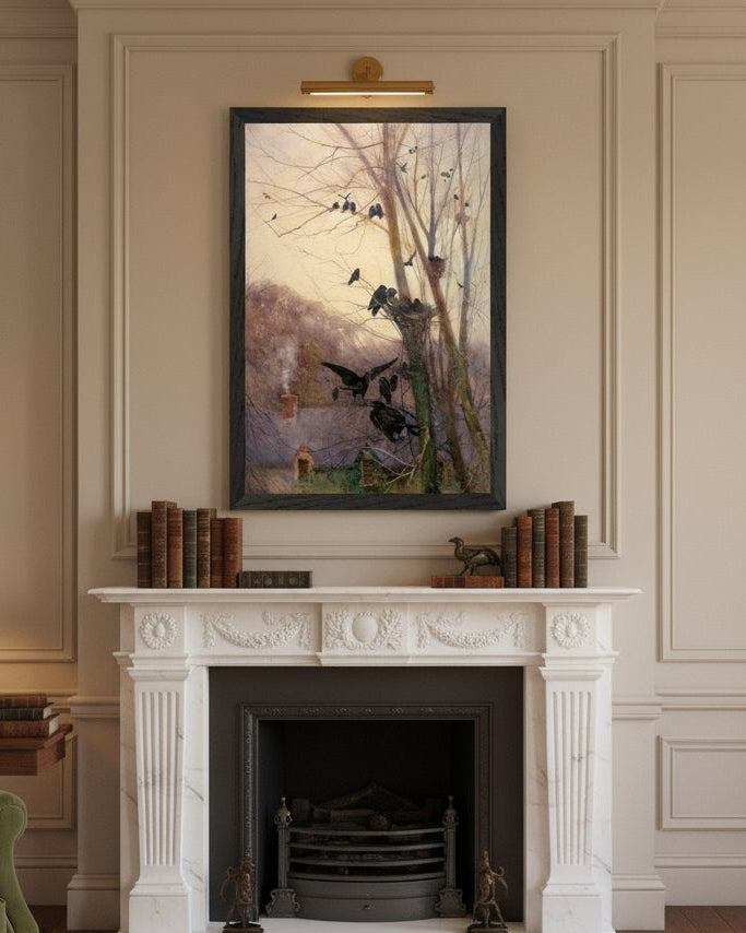 Lifestyle mockup:  Shades of Evening hanging above fireplace in heritage Irish interior. Heritage drawing room: framed Shades of Evening in Black Gallery frame above a marble fireplace; panelled walls, antique books, brass picture light, soft evening window glow.