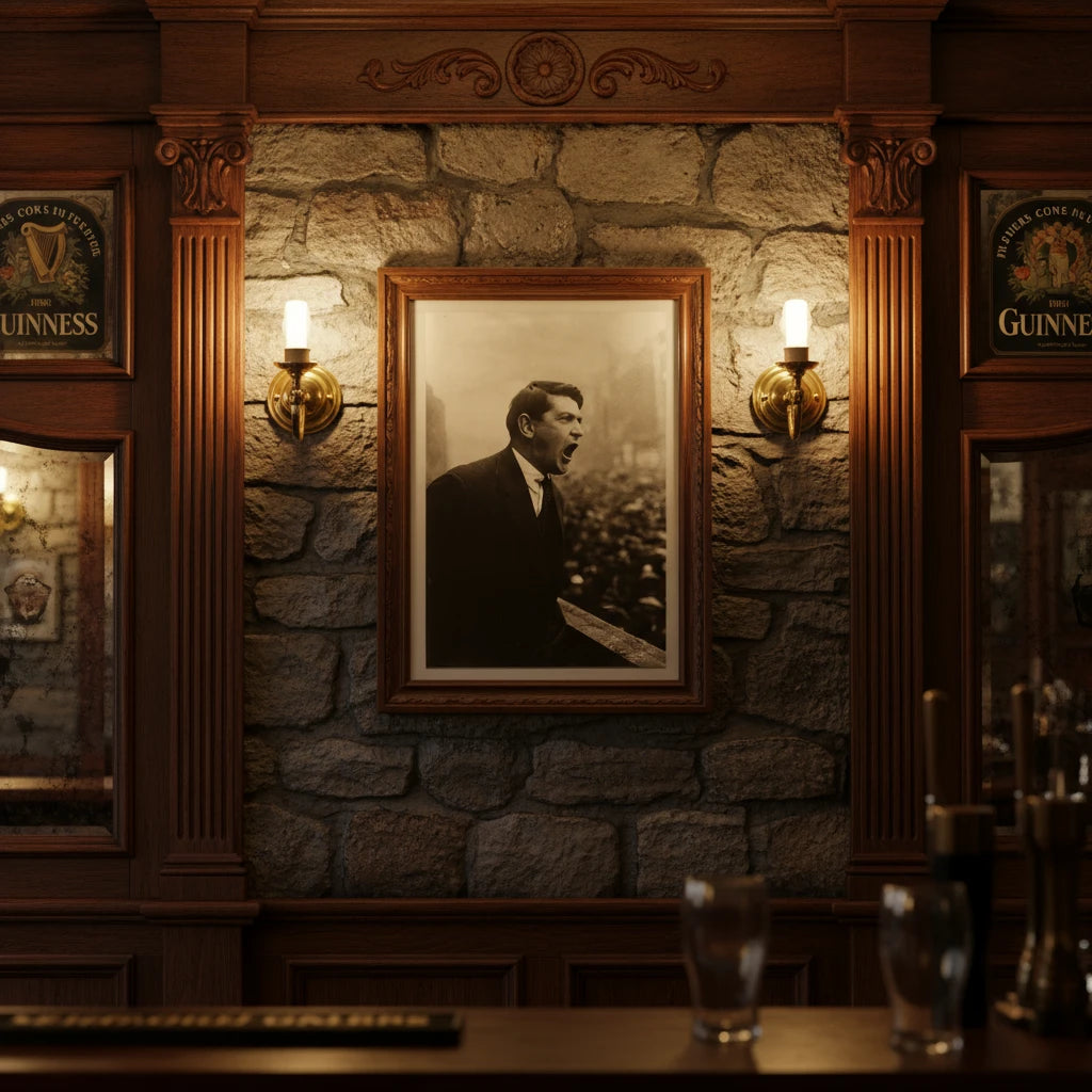 Michael Collins framed portrait on a stone wall inside a vintage Irish pub, surrounded by dark wood panelling, Guinness mirrors and brass wall sconces, warm amber lighting.