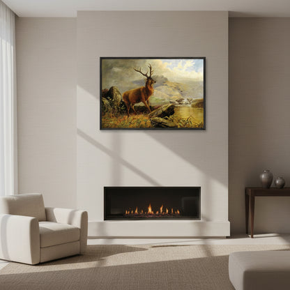 Premium interior mock-up of a framed fine art print, vertical orientation, showing Stag at Mountain Stream (1883) by Henry Morris. Museum-quality frame in Black, anti-reflective glass, hanging above a modern fireplace or in an elegant living room. Soft natural light, neutral walls, subtle shadows, premium gallery aesthetic, ultra-realistic