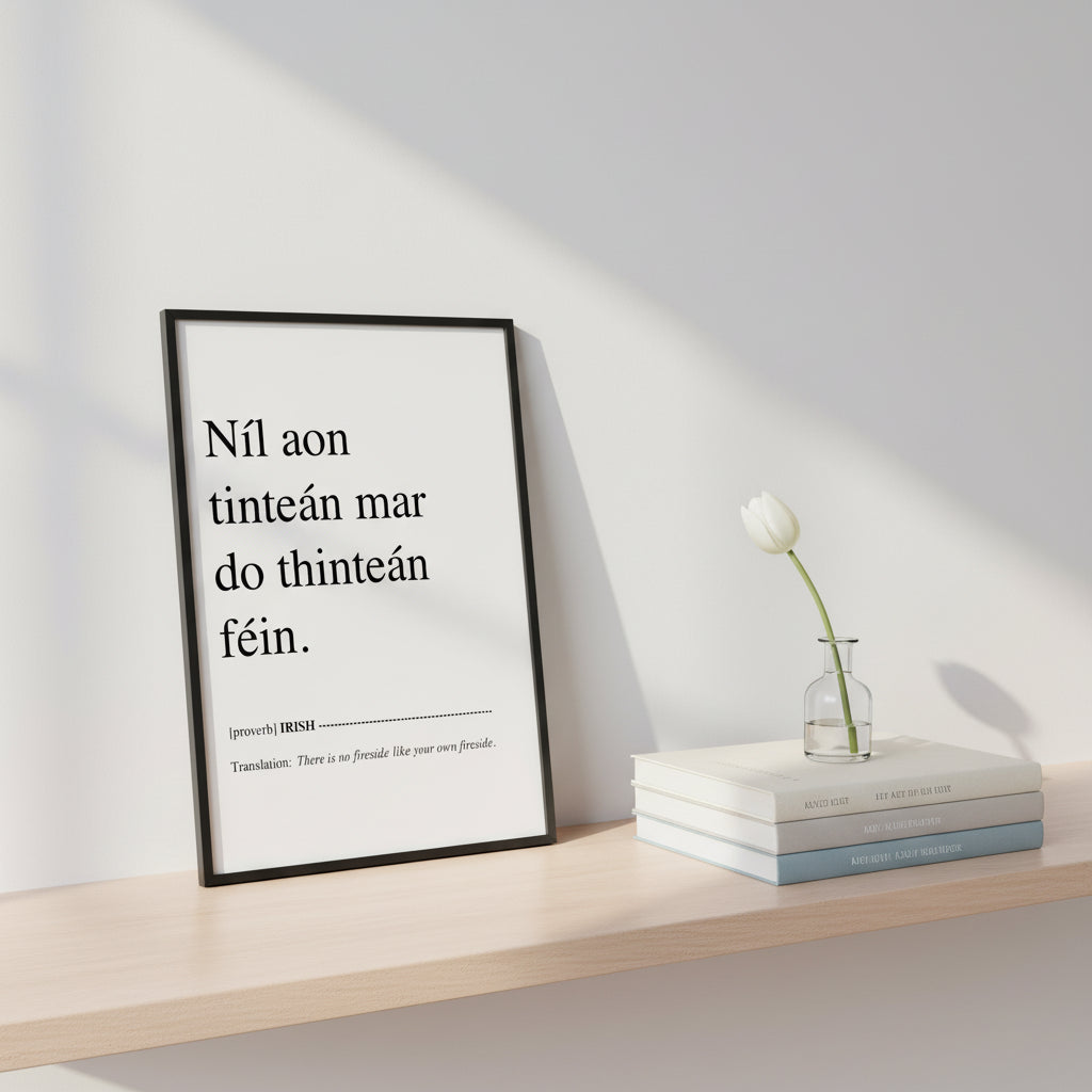 Níl aon tinteán mar do thinteán féin – Irish Gaelic “No Place Like Home” Print Framed A4 Irish proverb print leaning on a shelf against gallery-white wall, stacked art books, small bud vase, natural daylight.
