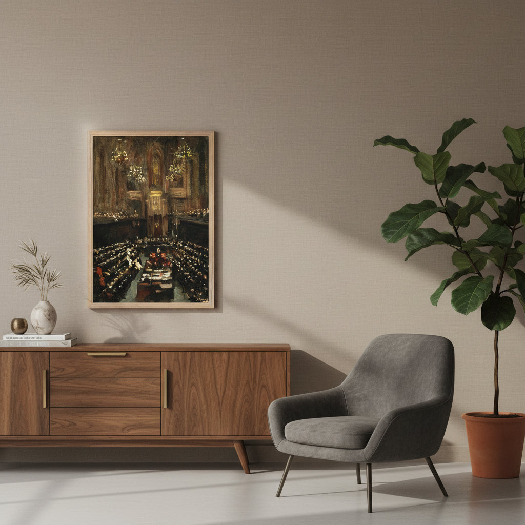 “Natural oak frame around the Treaty print, hung on a taupe wall with subtle wall texture, mid-century furniture, plant shadows cast across the surface, luxury editorial photography.”