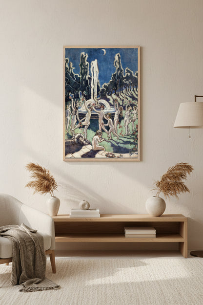 Nudes Dancing Round a Fountain by Moonlight by Mainie Jellett – museum-quality Irish modernist art print featuring dancing nude figures under a moonlit sky.
