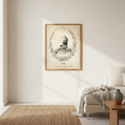 Oak-framed Wolfe Tone print in a bright modern room with cream walls, woven textures, and minimalist Irish design accents. Subtle contrast between clean lines and historic subject — a contemporary collector aesthetic.