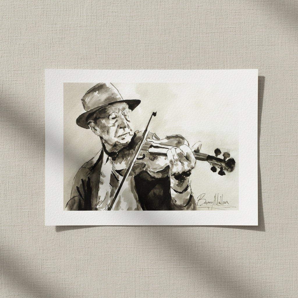 Old Irish Traditional Fiddle Player Framed Wall Art Print by Irish Artist, unframed gallery edition art print lying on neutral fabric background, soft shadows, natural light, minimal styling, emphasis on paper texture
