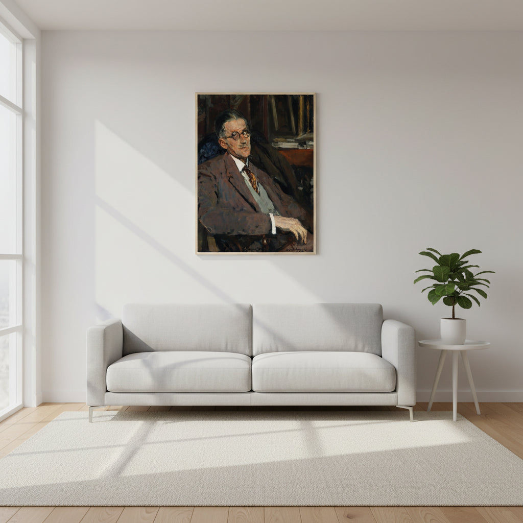 Portrait of James Joyce (1934) – Gallery Edition Irish Art Print A bright, minimalist interior styled for contemporary home décor. 
Clean white or soft neutral wall, natural daylight entering from the side, creating gentle shadows. 
On the wall: a Gallery Edition framed art print, shown in a slim modern gallery frame 
(white, black, or natural wood) with a matte paper finish. 
Artwork displayed at realistic scale (approx 60–80 cm wide), centred neatly above a simple sofa 
or console table.  
