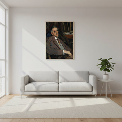 Portrait of James Joyce (1934) – Gallery Edition Irish Art Print A bright, minimalist interior styled for contemporary home décor. 
Clean white or soft neutral wall, natural daylight entering from the side, creating gentle shadows. 
On the wall: a Gallery Edition framed art print, shown in a slim modern gallery frame 
(white, black, or natural wood) with a matte paper finish. 
Artwork displayed at realistic scale (approx 60–80 cm wide), centred neatly above a simple sofa 
or console table.  
