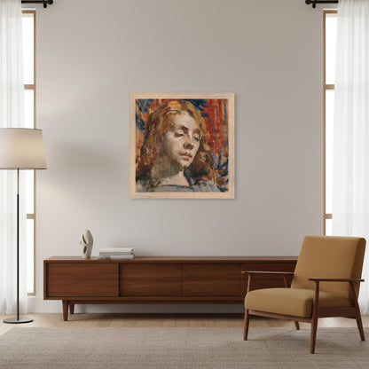 Portrait of Kathleen Behan Mother of all Behan's by Irish Artist Sarah Henrietta Purser Art Print Natural oak wooden frame in a mid-century modern room, teak sideboard, minimal décor, soft ambient lighting, clean architectural lines, photorealistic.
