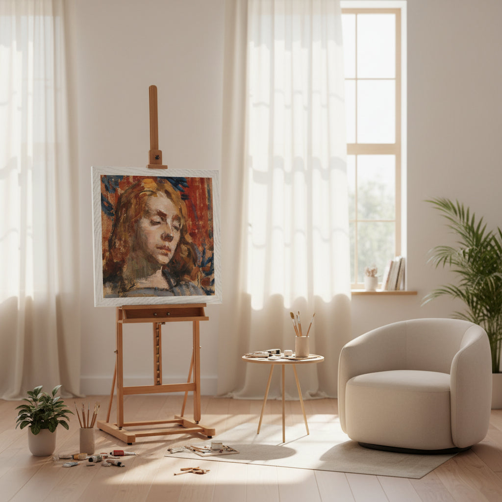 Portrait of Kathleen Behan Mother of all Behan's by Irish Artist Sarah Henrietta Purser Art Print White frame in an artist’s studio with linen curtains, soft feminine tones, delicate warm sunlight, dreamy minimalist interior, photorealistic.

