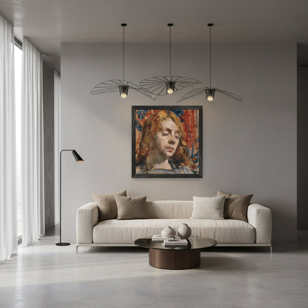 Portrait of Kathleen Behan by Sarah Henrietta Purser Black wooden frame in a modern luxury apartment, stone-grey walls, linen sofa, designer lighting, minimalist high-end interior, sharp realism.

