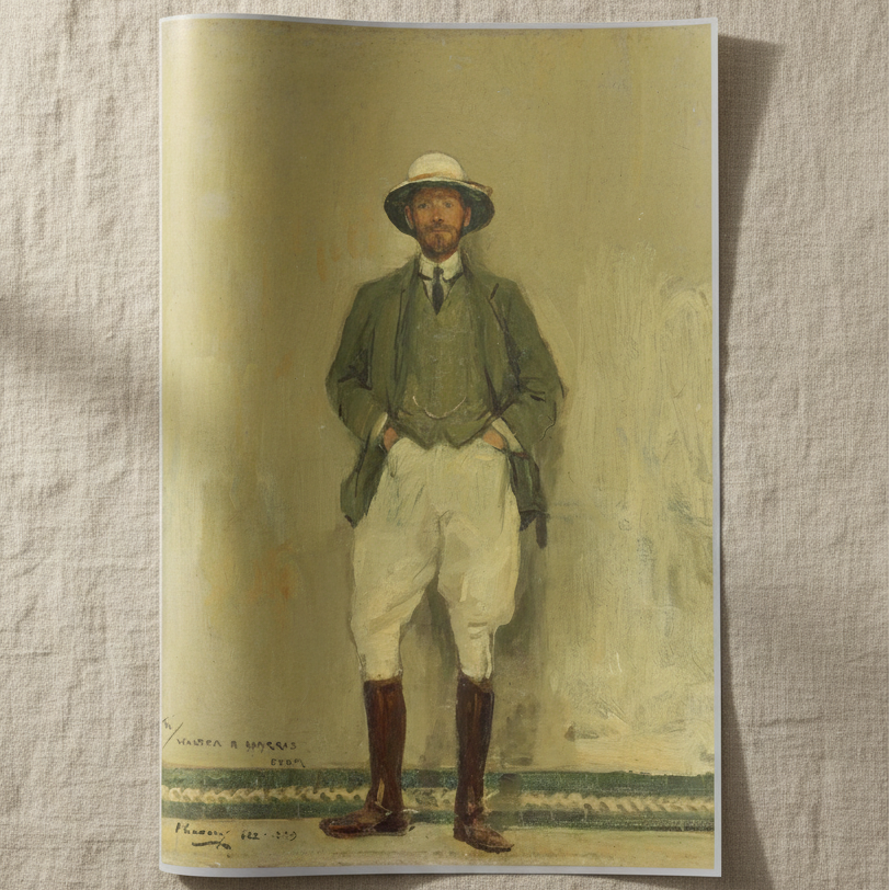 Portrait of Walter B. Harris (1906) – John Lavery Collector’s Edition unframed archival print resting on light linen fabric. Soft natural daylight, gentle shadows, artisanal fine-art photography style.
