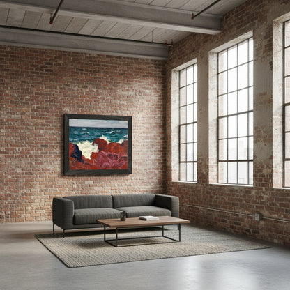 High ceilings, industrial loft interior, exposed brick wall, steel window frames, framed O’Conor print as bold colour focal point, editorial composition.