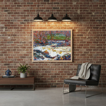 Roderic O’Conor framed art print hanging on an exposed brick loft wall, industrial lighting, polished concrete floor, stylish contemporary furniture, premium gallery-style mockup