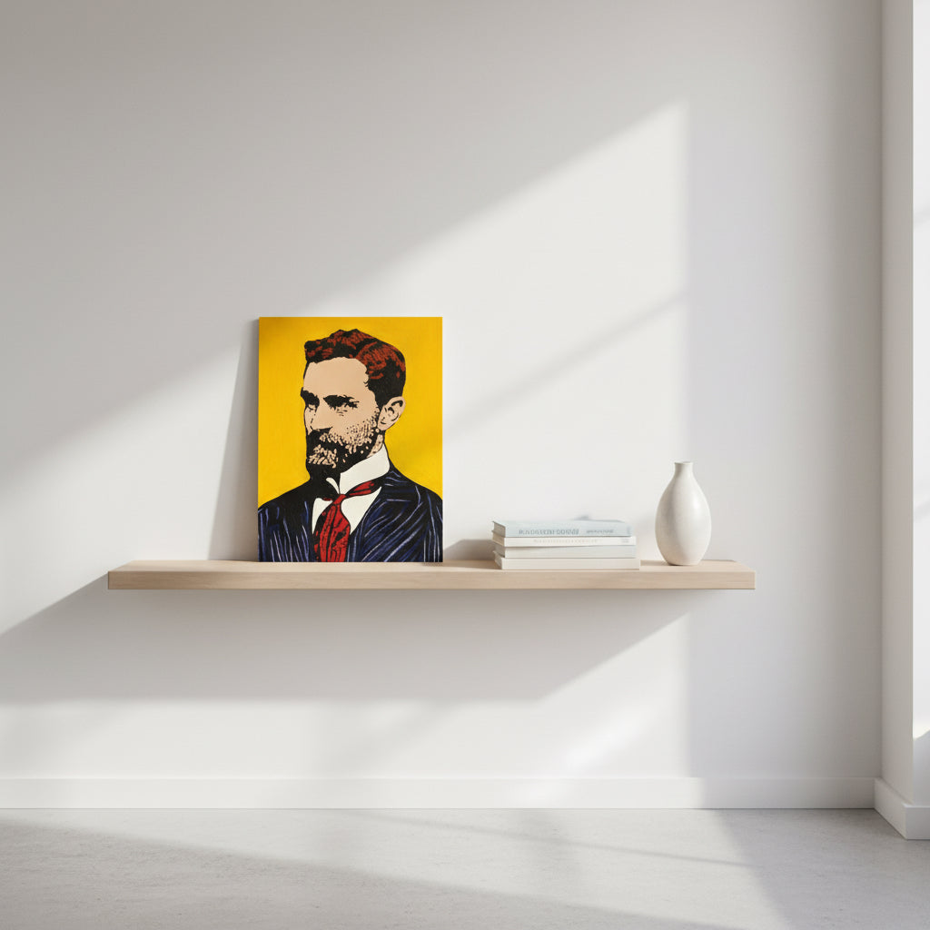 Minimalist studio setting with white walls and natural light; Roger Casement portrait print unframed on a floating shelf beside stacked art books and a ceramic vase.