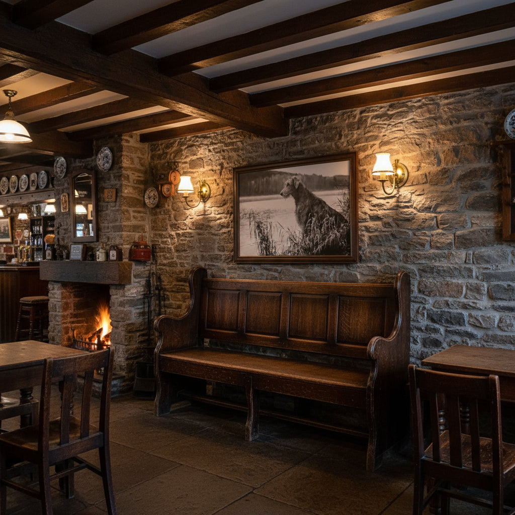 Rustic Irish pub interior with exposed stone walls and wooden beams; Wolfhound print mounted above a classic high-back settle.