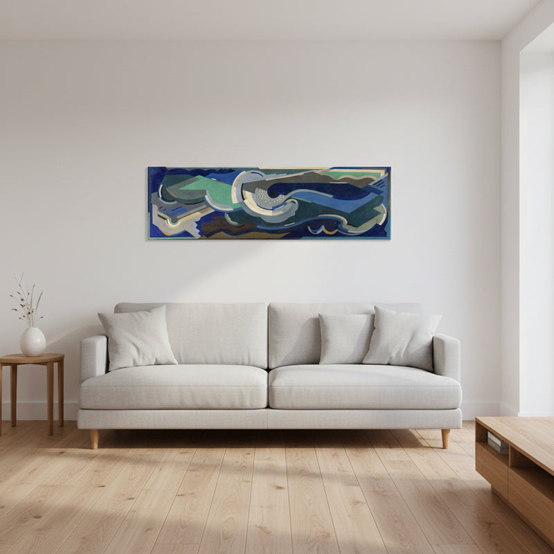 Sea Rhythm by Mainie Jellett displayed as a large canvas above a light grey Scandinavian sofa, soft daylight, oak furniture, minimal décor, clean aesthetic — interior design photography