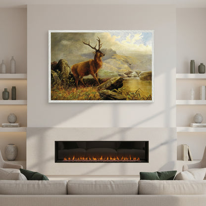 Premium interior mock-up of a framed fine art print, vertical orientation, showing Stag at Mountain Stream (1883) by Henry Morris. Museum-quality frame in white wood, anti-reflective glass, hanging above a modern fireplace or in an elegant living room. Soft natural light, neutral walls, subtle shadows, premium gallery aesthetic, ultra-realistic