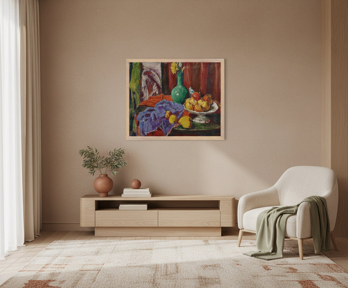 "Still Life of Fruit and Green Vase (1919) by Roderic O’Conor in a natural oak gallery frame, styled in a warm modern interior with light oak furniture, calming earthy palette, refined décor."