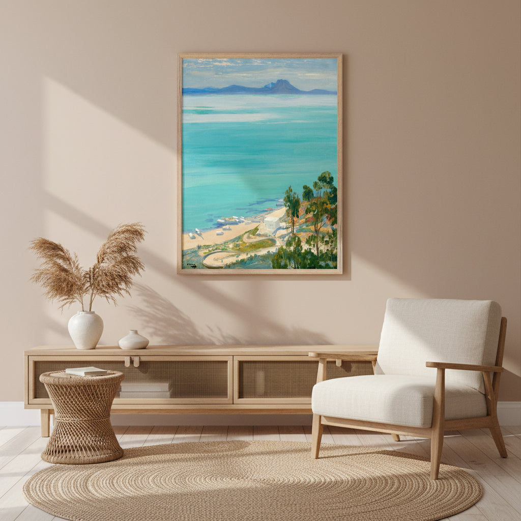 The Bay of Tunis, Morning by Artist Sir John Lavery (1919) – Irish Art Print, gallery edition print in natural oak gallery frame, warm contemporary interior,
soft ambient daylight, organic textures, neutral palette, premium museum-style
presentation, 4K realism
