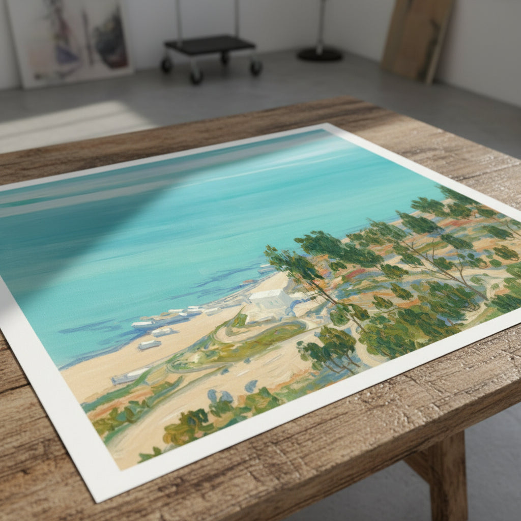 The Bay of Tunis, Morning by Artist Sir John Lavery (1919) – Irish Art Print, unframed gallery edition print laid flat on a textured wooden table, overhead
soft diffused lighting, crisp shadows, premium art studio atmosphere, 4K detail