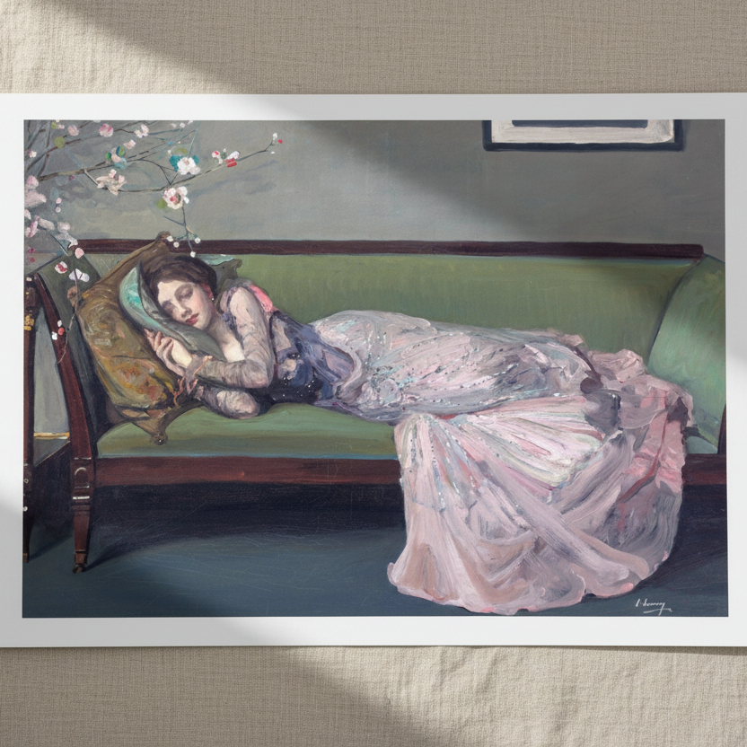 The Green Sofa by Sir John Lavery — unframed A3 Irish art print shown on linen, fine art reproduction, Buy Irish Art