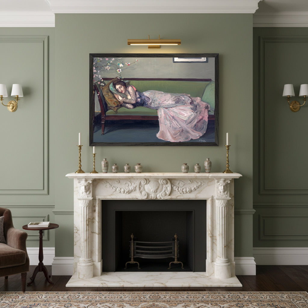 The Green Sofa by Sir John Lavery in A2 size, black gallery frame, ready to hang. A2 black frame above classic fireplace mantel, heritage home interior, museum-style lighting.