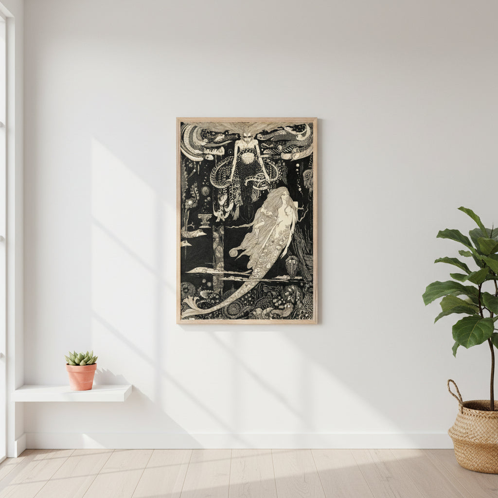 The Little Sea Maid by Harry Clarke, vertical 30×45 cm art print in a natural wood frame, intricate Art Nouveau illustration.