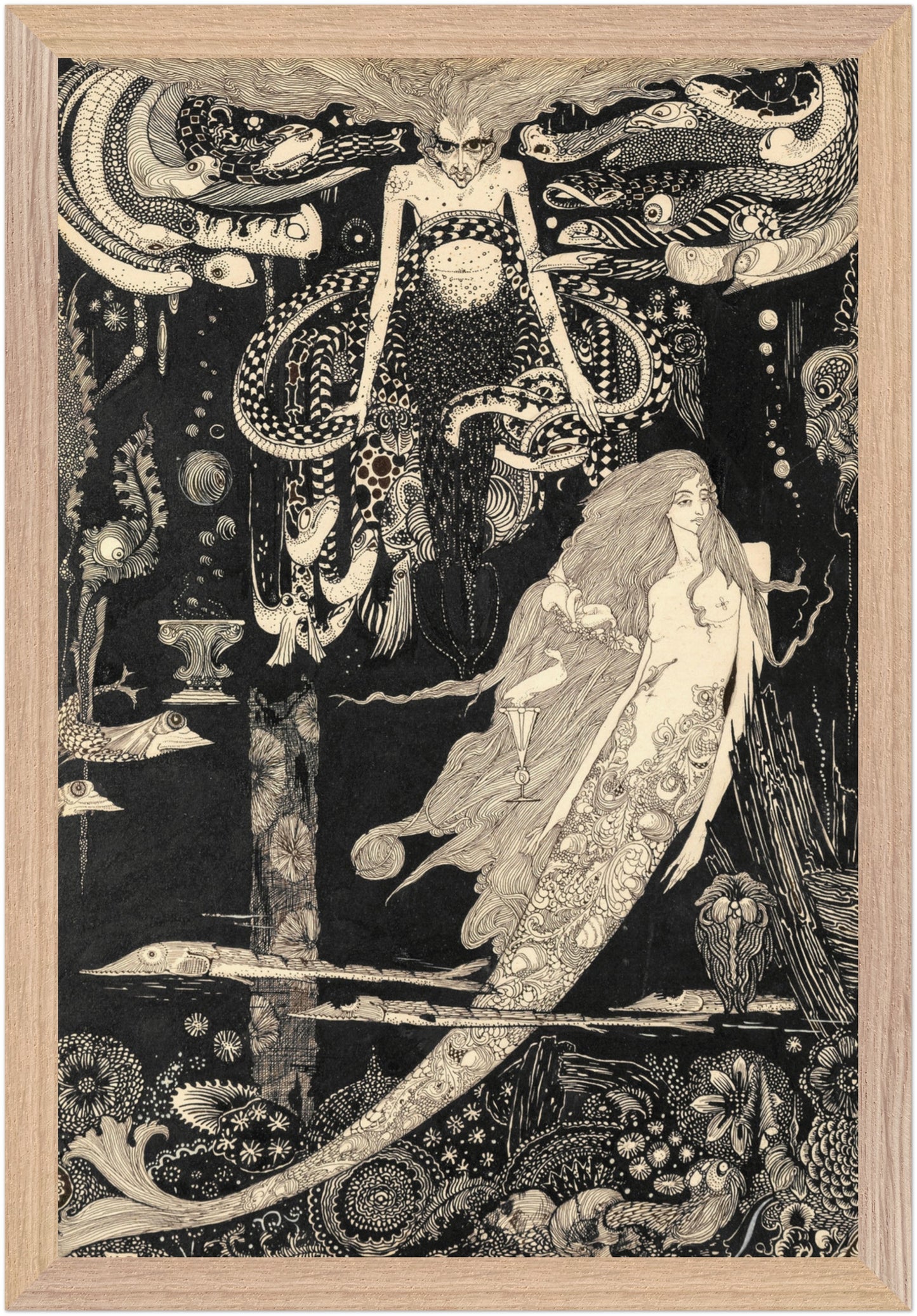 The Little Sea Maid by Harry Clarke, vertical 30×45 cm art print in a natural wood frame, intricate Art Nouveau illustration.