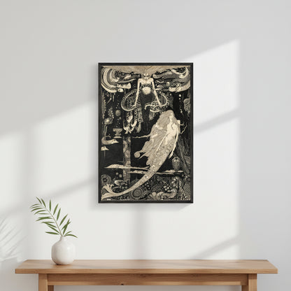 The Little Sea Maid by Irish Artist Harry Clarke Art Print in a slim black gallery frame, vertically oriented. Artwork  60×90 cm (24×36 inches) on the wall.
Interior: clean white wall, natural soft daylight, minimalist Scandinavian styling,