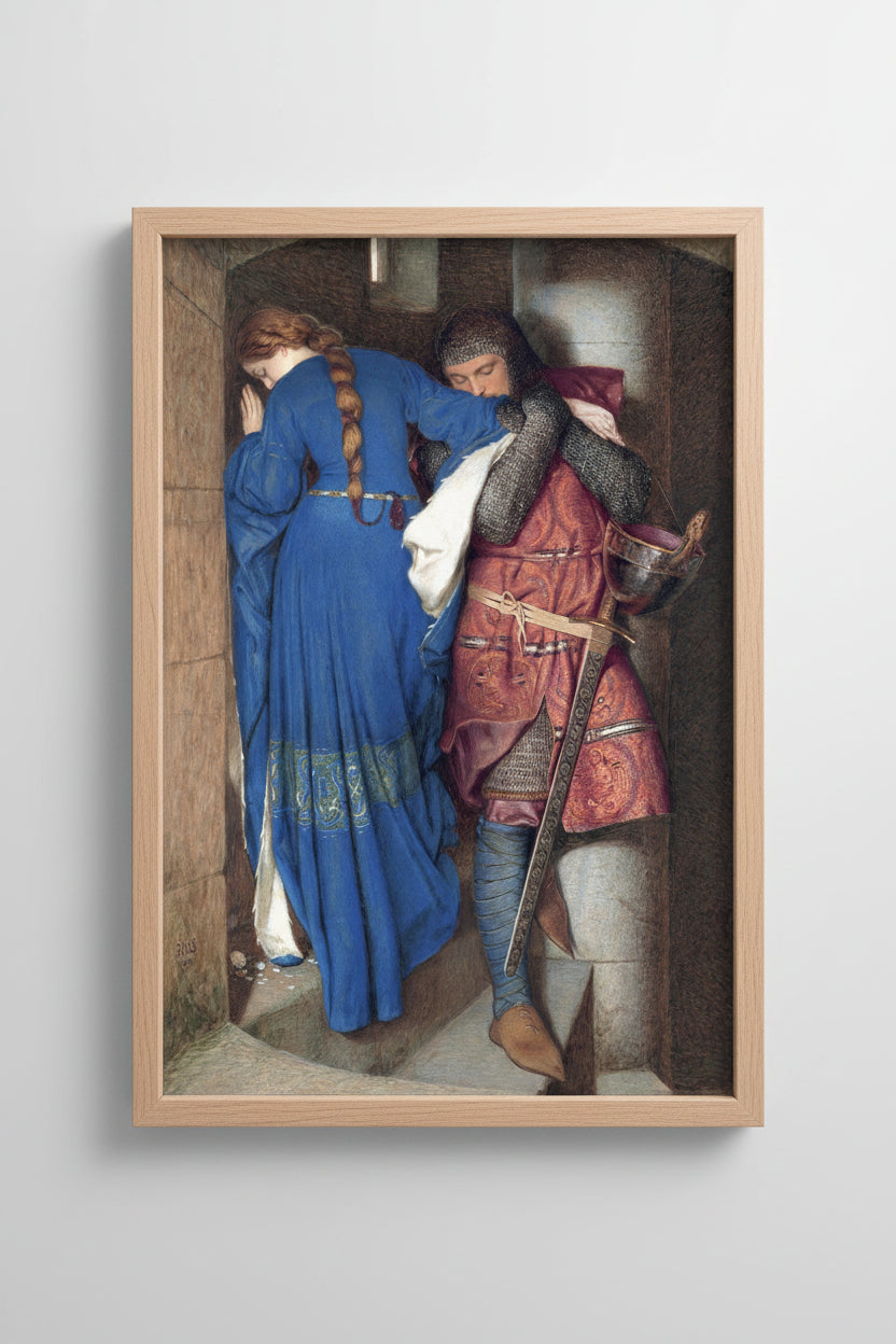 The Meeting on the Turret Stairs by Frederic William Burton, 60x90 cm vertical art print in a natural wood gallery frame, premium Collector’s Edition print.