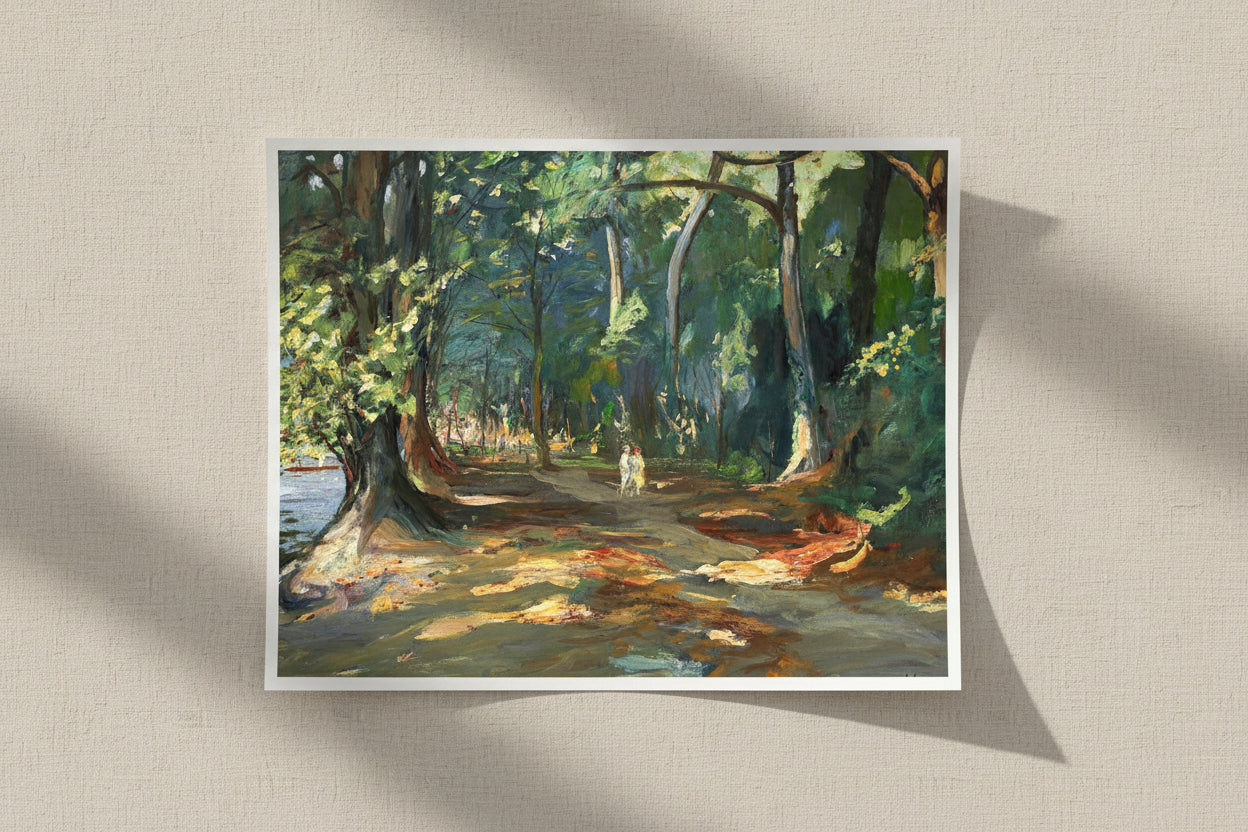The Path by the River, Maidenhead by Irish Artist Sir John Lavery Art Print unframed archival print resting on light linen fabric. Soft natural daylight, gentle shadows, artisanal fine-art photography style.