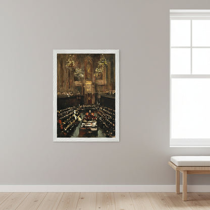 The Ratification of the Irish Treaty (1921) in a crisp white gallery frame, hung on a soft dove-grey wall, natural daylight from a tall window, Scandinavian minimalist interior, clean lines, airy styling, photorealistic.