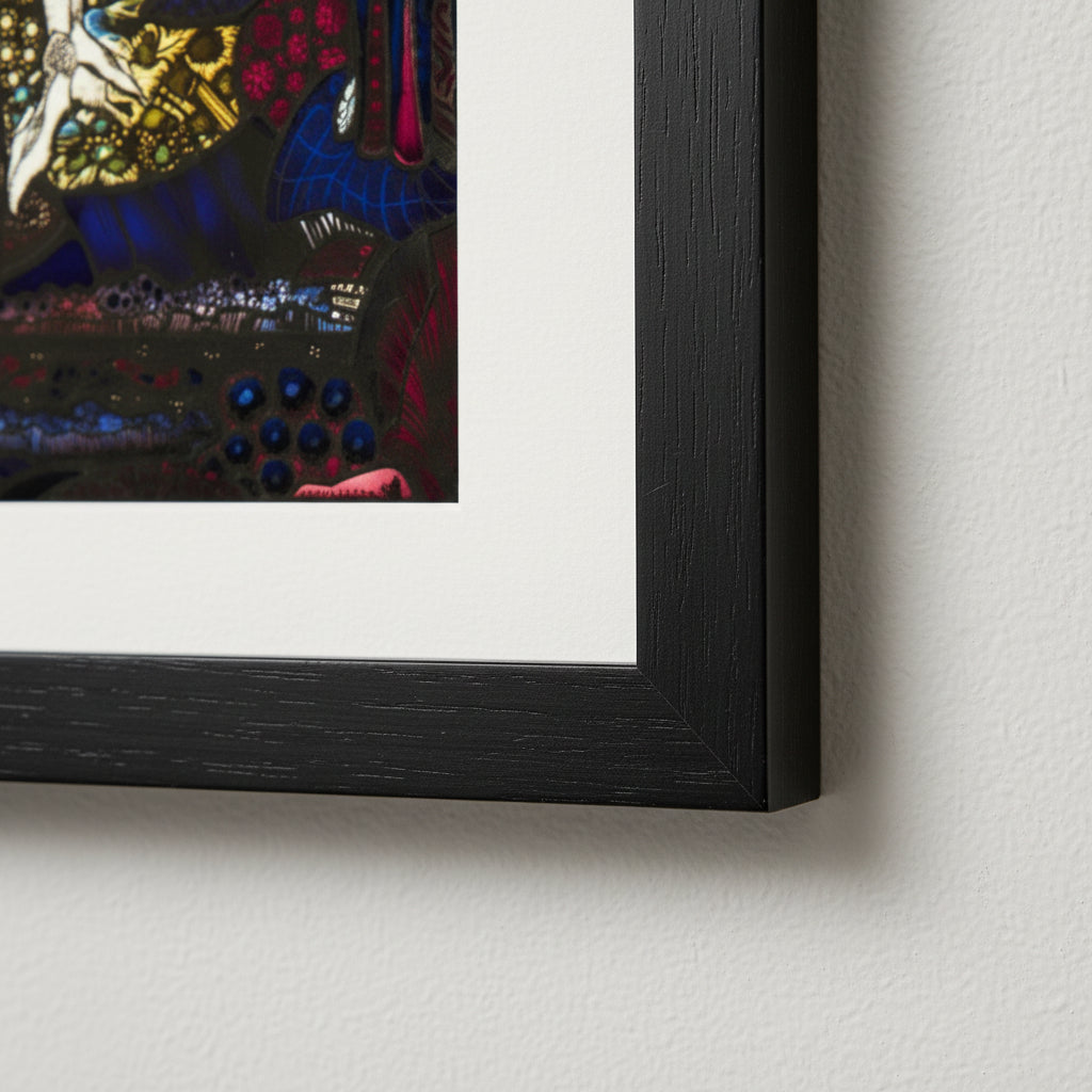 The Song of the Mad Prince – Collector’s Edition – Harry Clarke Close-up crop of the black framed print on wall, showing frame texture, paper grain, crisp corners, shallow depth of field, luxury irish art