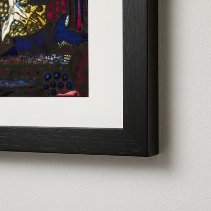 The Song of the Mad Prince – Collector’s Edition – Harry Clarke Close-up crop of the black framed print on wall, showing frame texture, paper grain, crisp corners, shallow depth of field, luxury irish art