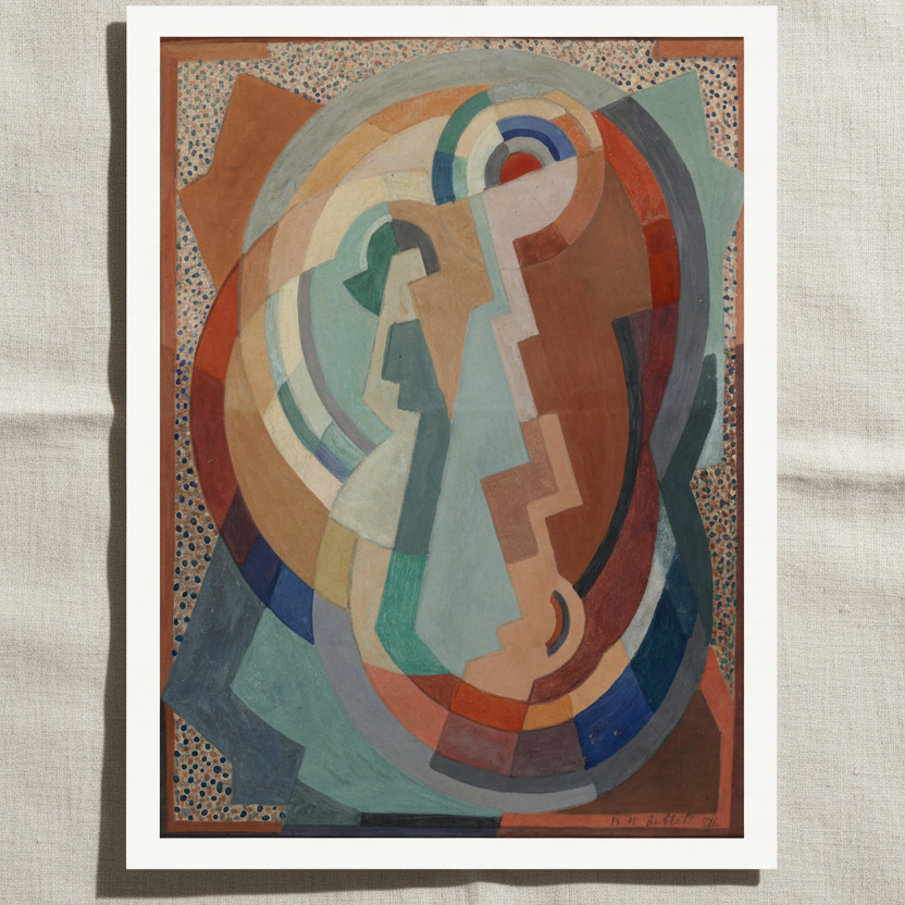 The Virgin and Child by Mainie Jellett – Irish Modernist Art Print unframed archival print resting on light linen fabric. Soft natural daylight, gentle shadows, artisanal fine-art photography style. Buy Irish Art
