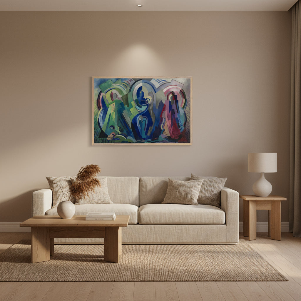 The Virgin of Éire Irish modernist religious art print in minimalist living room with natural oak furniture and serene spiritual atmosphere