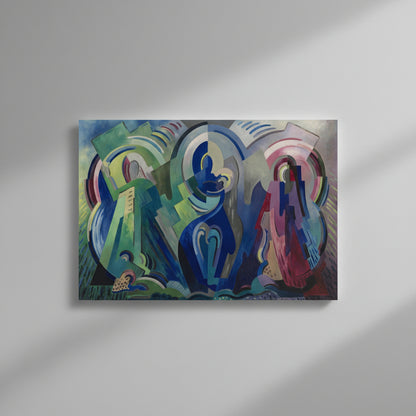 The Virgin of Éire Print – Mainie Jellett | Irish Modern Art  Unframed print on soft grey wall, floating shadow effect, corners visible, subtle gallery lighting, minimalist framing suggestion only, premium fine-art merchandising shot.
