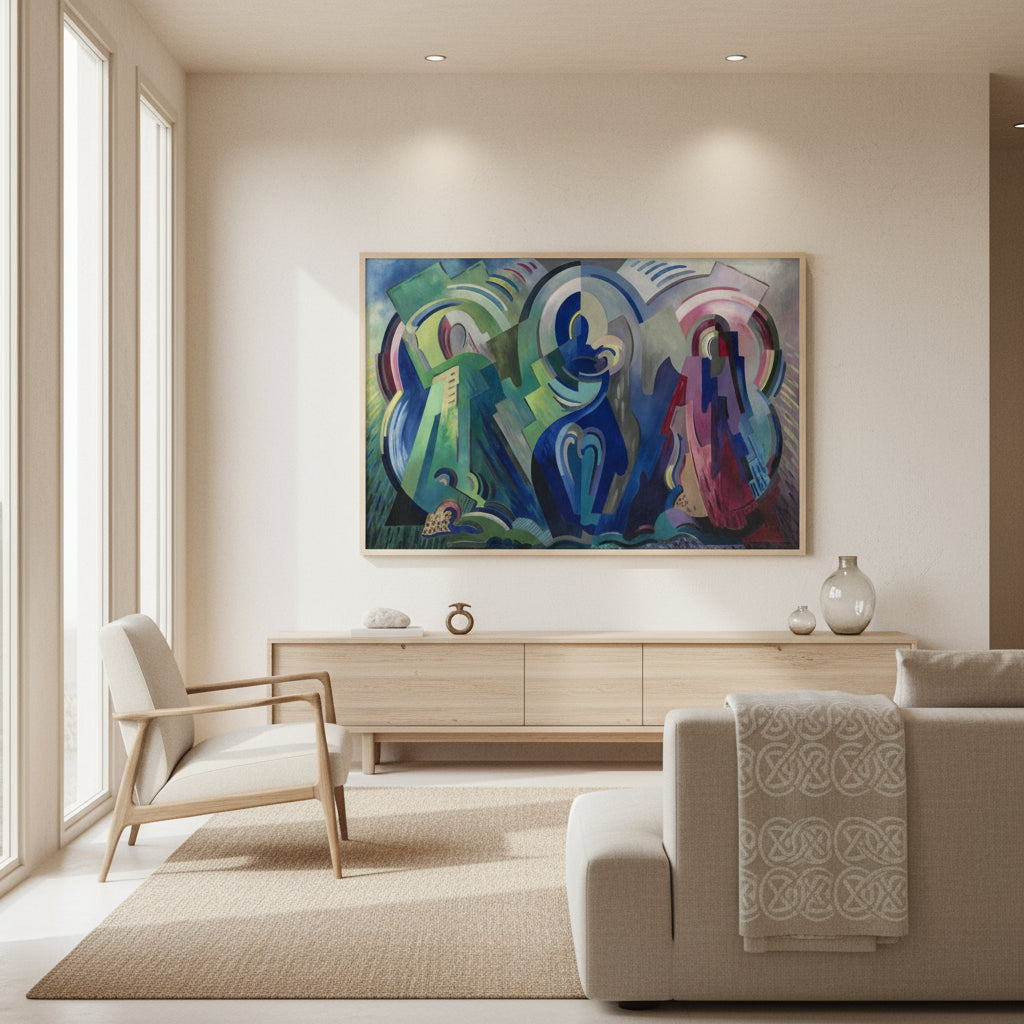 The Virgin of Éire canvas print by Mainie Jellett in bright contemporary living room styled for Irish diaspora luxury home décor