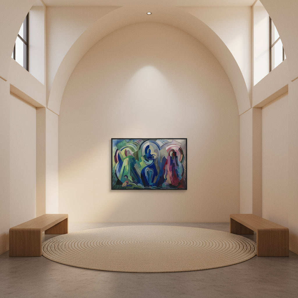 The Virgin of Éire modernist Madonna and Child artwork by Mainie Jellett in sacred modern interior with soft spotlighting