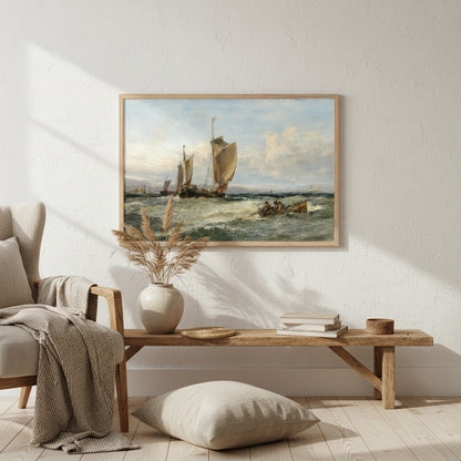 Trawlers Leaving Port by Edwin Hayes – framed art print in natural wood frame, 60×90 cm. Natural oak frame around ‘Trawlers Leaving Port’ by Edwin Hayes, warm tones, cottage-coastal interior, linen textures, soft sunlight, lifestyle mock-up.