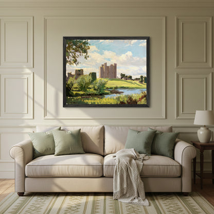 framed art print of Trim Castle by Dermod O’Brien hanging above a soft-neutral sofa in a living room, muted green and cream palette, traditional Irish décor.