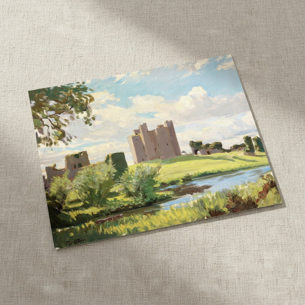 Trim Castle, County Meath (1938) by Dermod O’Brien – unframed Collector’s Edition art print, museum-quality matte paper, Irish landscape painting reproduction. 40×50 cm unframed archival print resting on light linen fabric. Soft natural daylight, gentle shadows, artisanal fine-art photography style.
