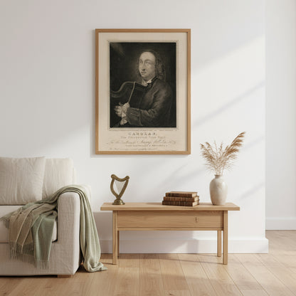 Irish bard portrait of Turlough O’Carolan in oak frame displayed in modern minimalist interior with heritage accents.